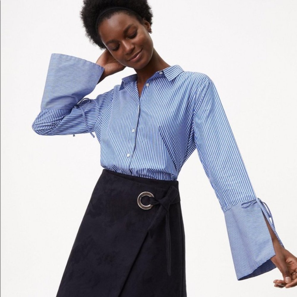 LOFT button down striped blouse with bell sleeves